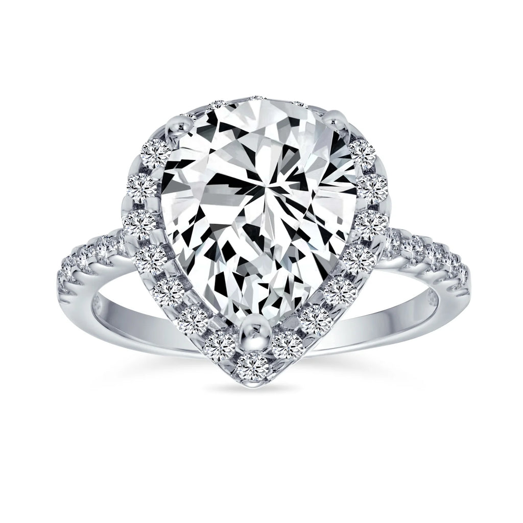 Womens 10CT Pear Shaped Halo Solitaire Engagement Ring CZ Pave Band